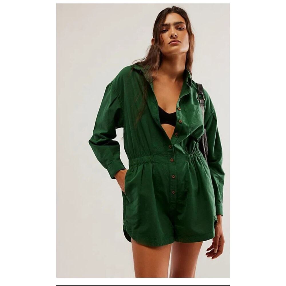 Free People Oxford Romper Women’s Casual Collared Long Sleeve Sz S